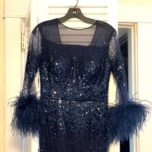 TERI JON NAVY SEQUIN FEATHER GOWN